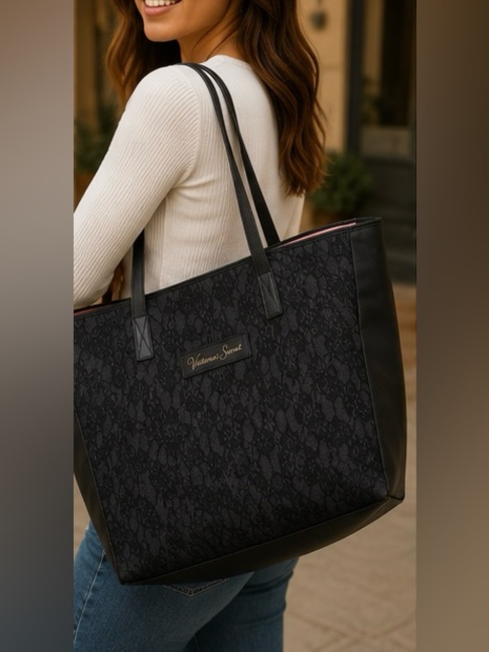 Victoria’s Secret Black Lace Tote Travel Bag Pink Lining Large